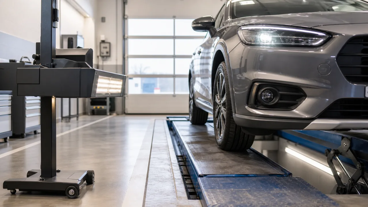 Fahrzeug auf Hebebühne für Kontrolle von Rädern und Fahrwerk